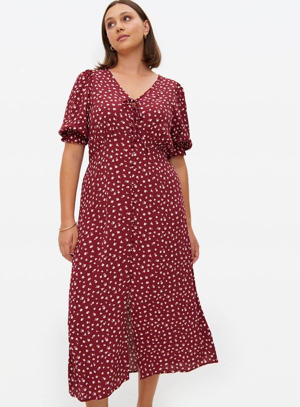 Dark Red Floral Printed Midi Tea Dress 24